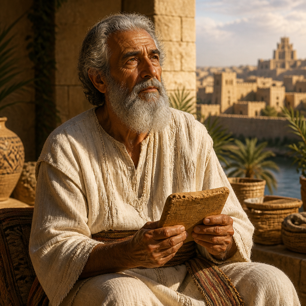 Oil-painting style portrait of Uzza, Progenitor of Temple Servants, Patriarch of a family of Temple servants who returned from the Babylonian Exile