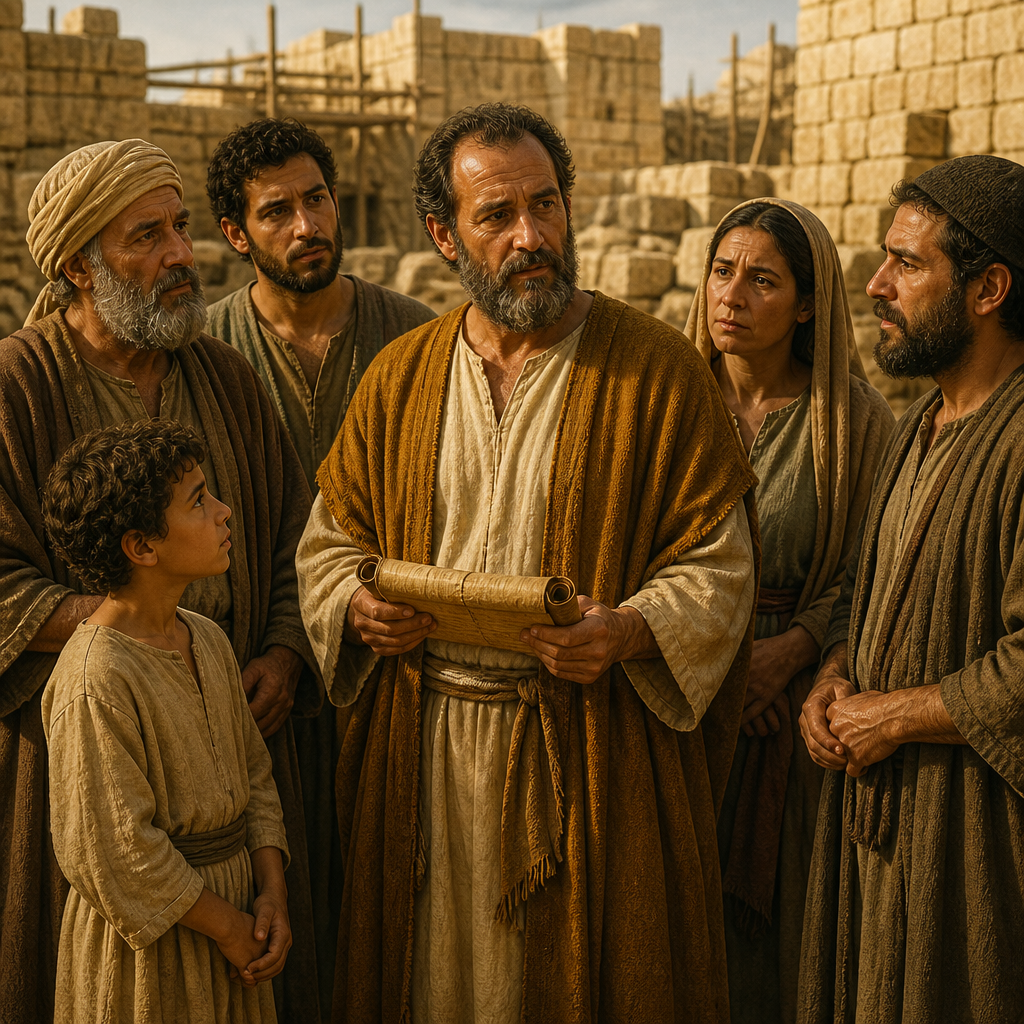 Oil-painting style scene of Uzzi, Son of Michri, figures from the Bible