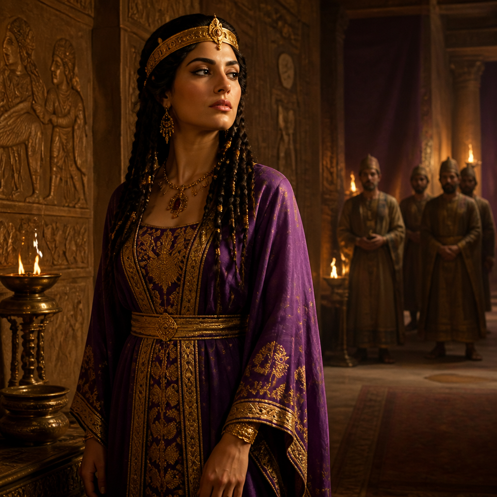 Oil-painting style portrait of Vashti, Queen of Persia who was deposed for refusing to obey King Ahasuerus