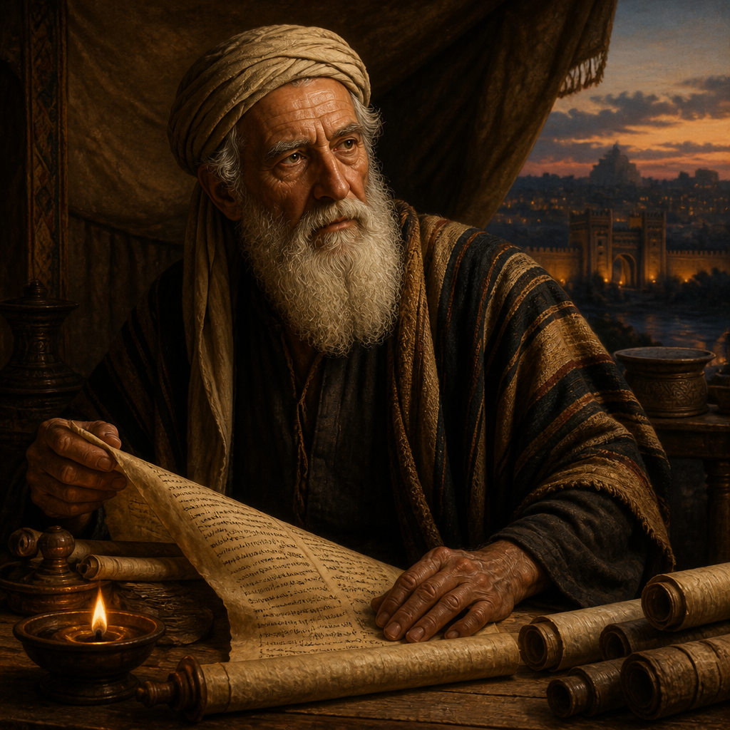 Oil-painting style portrait of Zaccai, Patriarch whose 760 descendants returned from the Babylonian exile