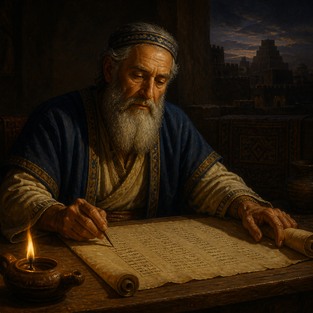 Oil-painting style portrait of Zattu, Patriarch of the Restoration, Patriarch whose hundreds of descendants returned from the Babylonian Exile