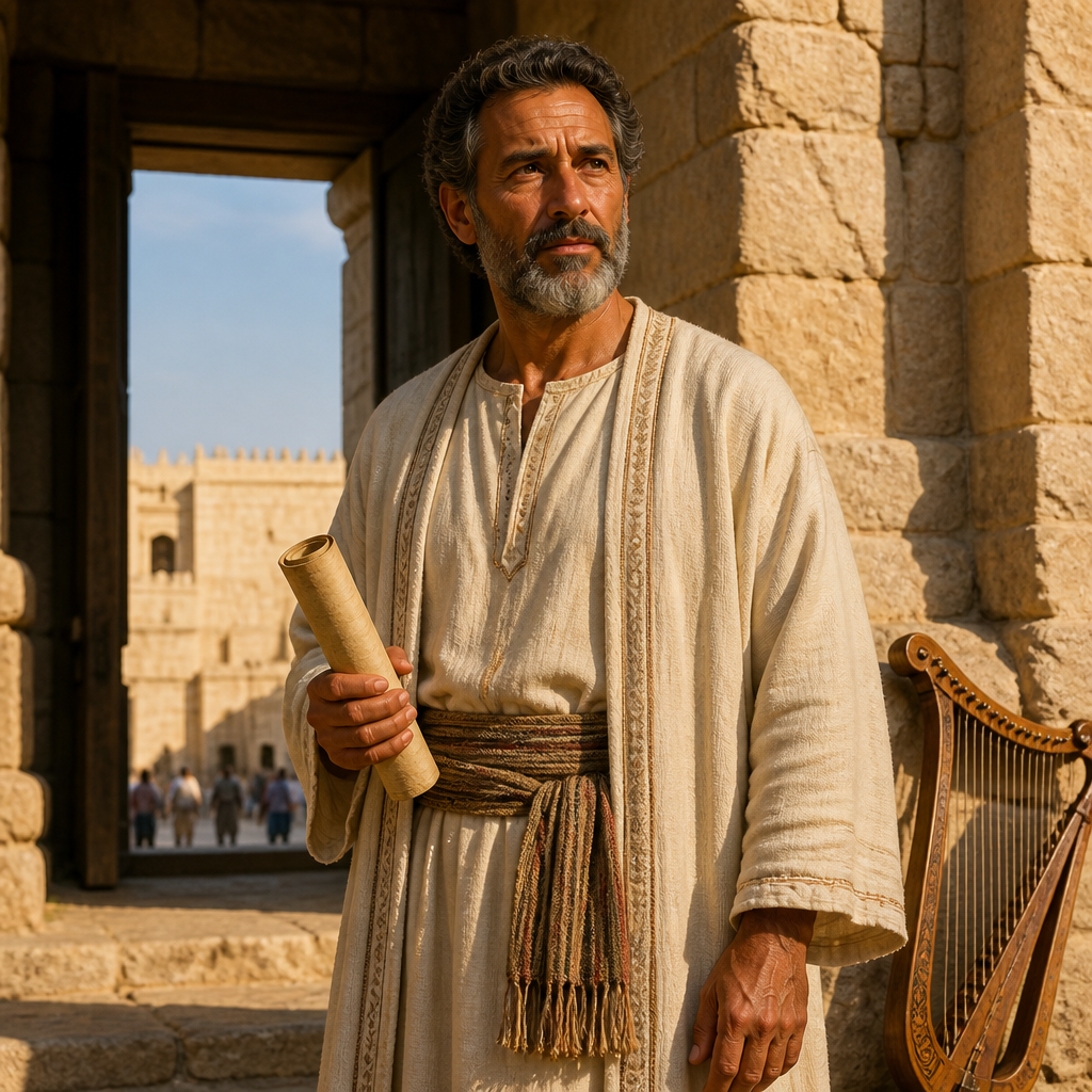 Oil-painting style portrait of Zechariah, Son of Meshelemiah, Levite gatekeeper and wise counselor at the North Gate