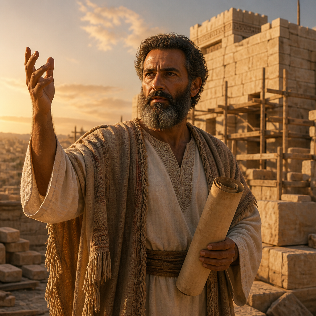 Oil-painting style portrait of Zechariah, Prophet of the Return, Prophet who motivated the rebuilding of the Second Temple during the reign of Darius