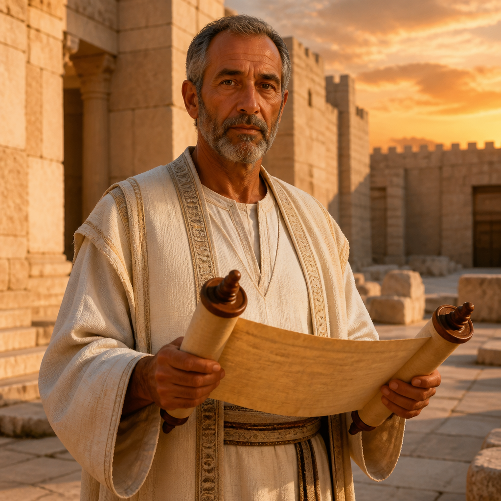 Oil-painting style portrait of Zechariah, Son of Pashhur, Levite ancestor whose lineage served in the Second Temple during the return from exile