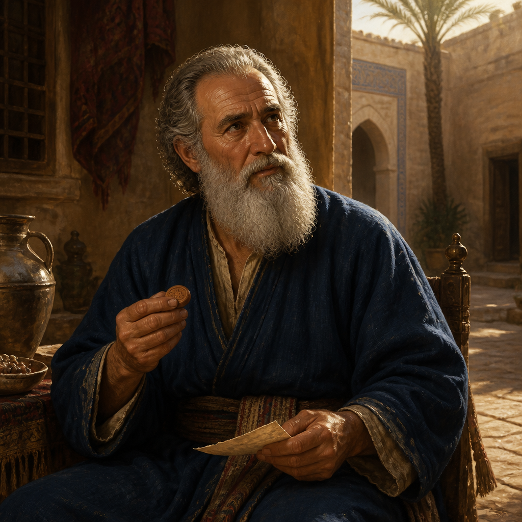 Oil-painting style portrait of Zerahiah, Father of Eliehoenai, Patriarch of a family of 200 men who returned from the Babylonian exile