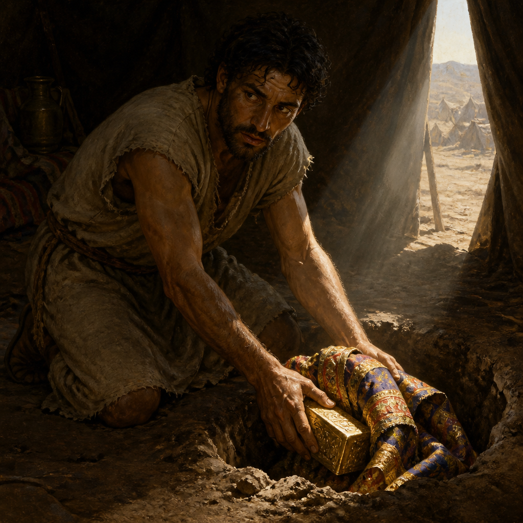 Oil-painting style portrait of Achan, Patriarch whose theft of Jericho's spoils led to Israel's defeat at Ai