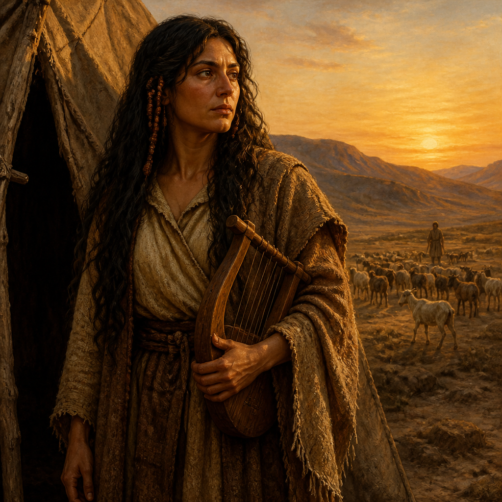 Oil-painting style portrait of Adah, Wife of Lamech, First woman in the Bible named as part of a polygamous marriage and mother of the founders of pastoralism and music