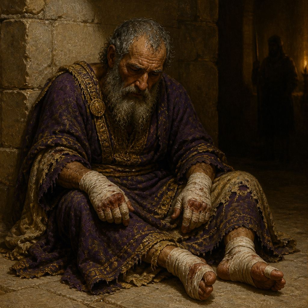 Oil-painting style portrait of Adoni-bezek, Canaanite king who acknowledged divine justice after being mutilated