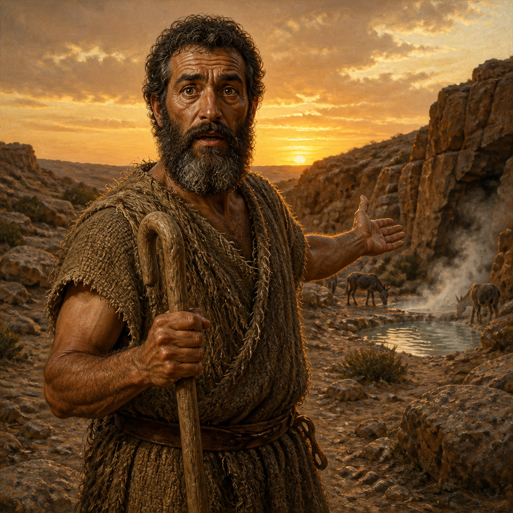 Oil-painting style portrait of Anah, Horite chief who discovered hot springs in the wilderness