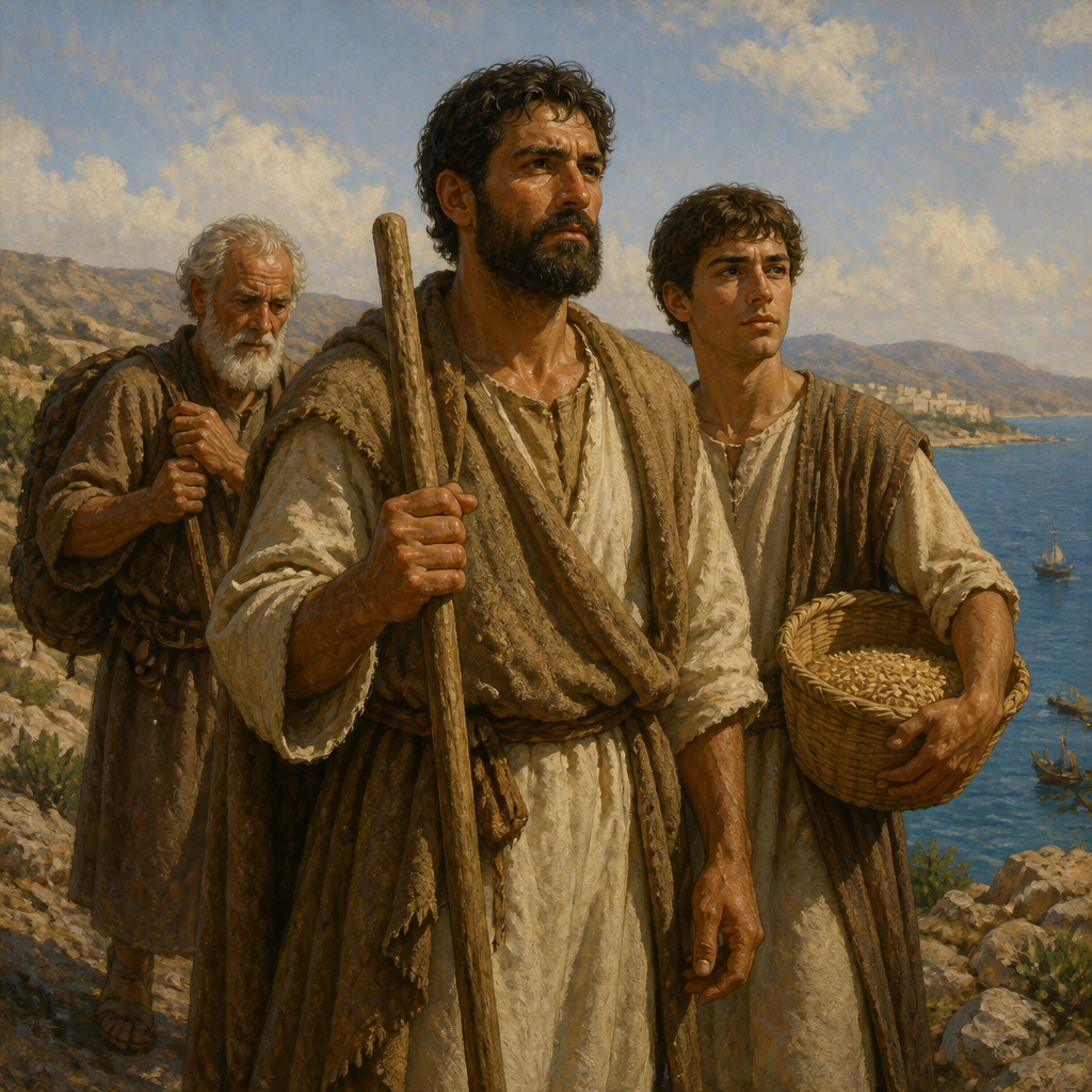 Oil-painting style scene of Arvadites, figures from the Bible