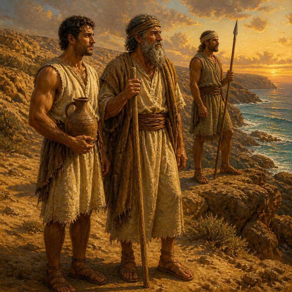 Oil-painting style scene of Cherethites, People of the Seacoast, figures from the Bible