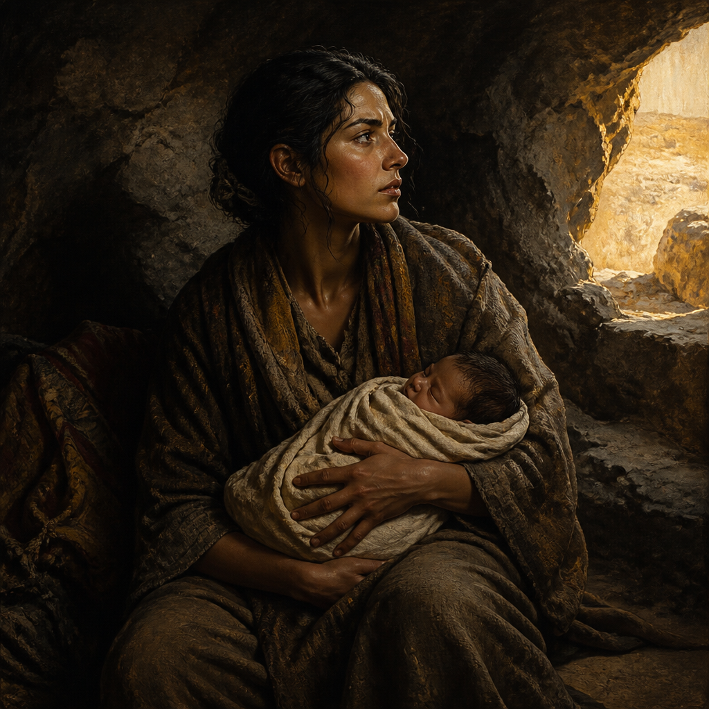 Oil-painting style portrait of The Older Daughter of Lot, Matriarch who gave birth to Moab and founded the Moabite nation