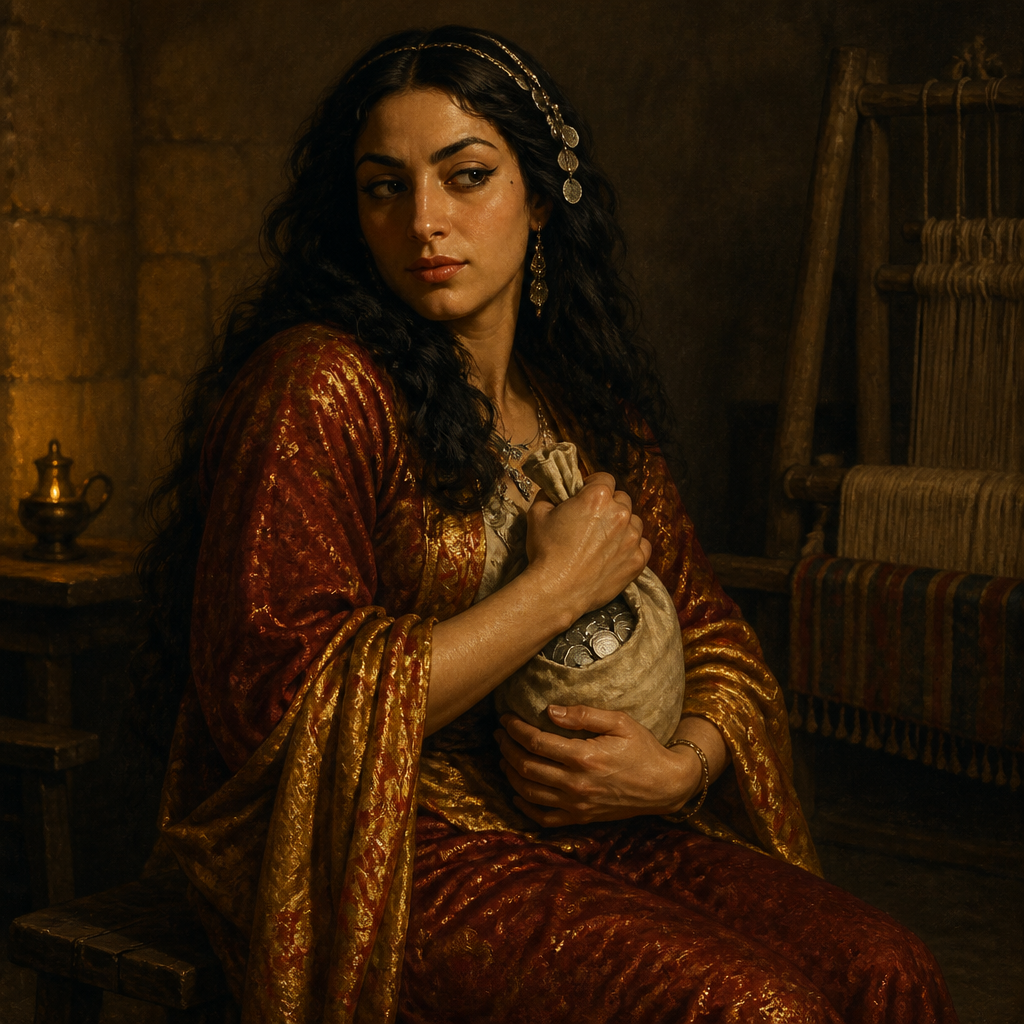 Oil-painting style portrait of Delilah, Woman in the Valley of Sorek who discovered the secret of Samson's strength