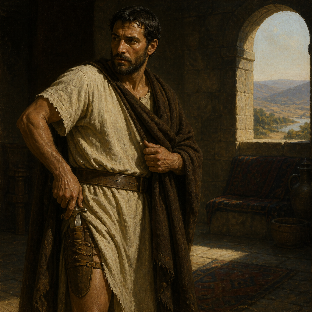 Oil-painting style portrait of Ehud, Son of Gera, Judge who assassinated King Eglon with a concealed sword to deliver Israel