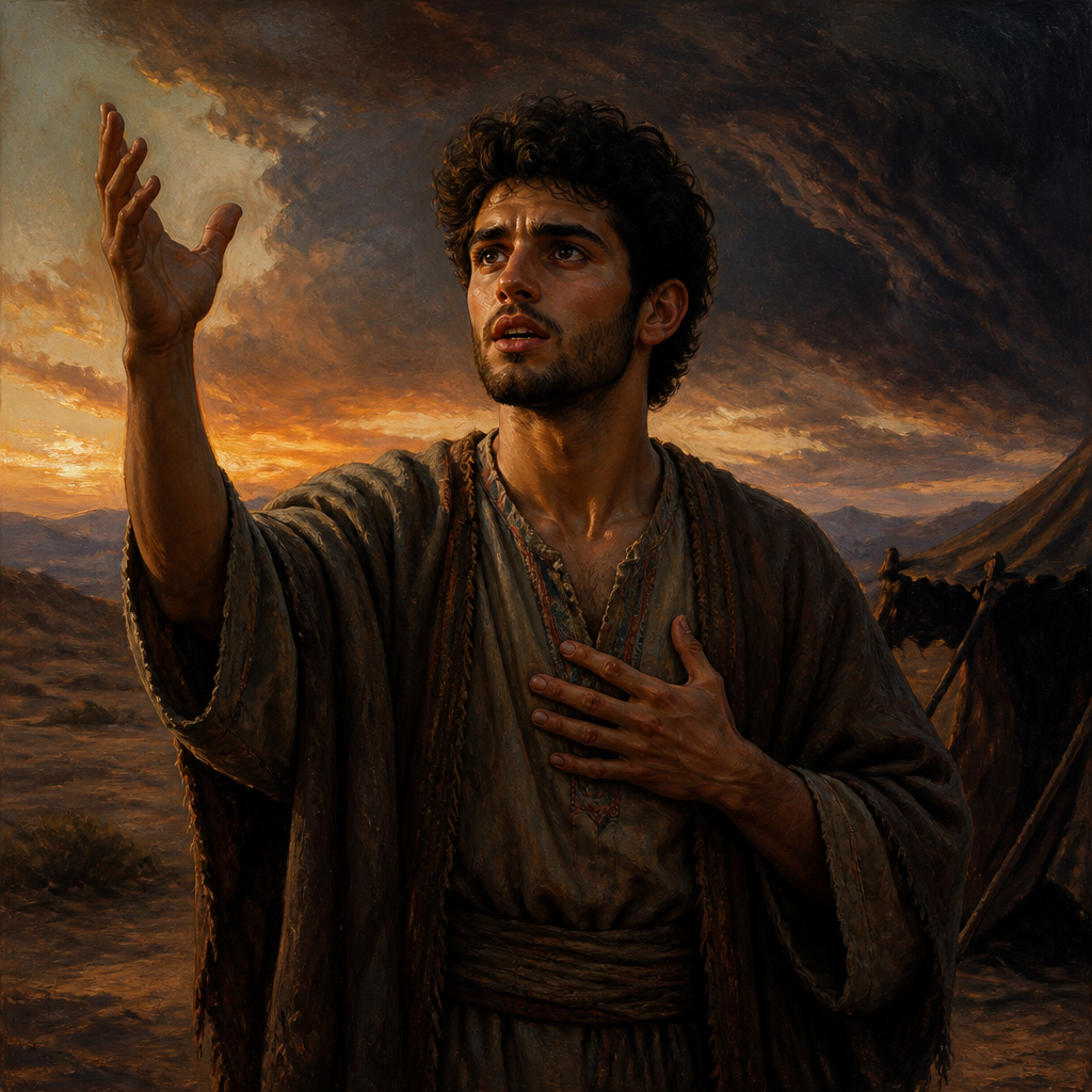 Oil-painting style portrait of Elihu, Son of Barachel, Young man who defended God's justice in the Book of Job