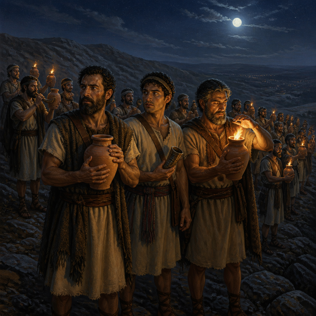 Oil-painting style scene of Gideon's Three Hundred, figures from the Bible