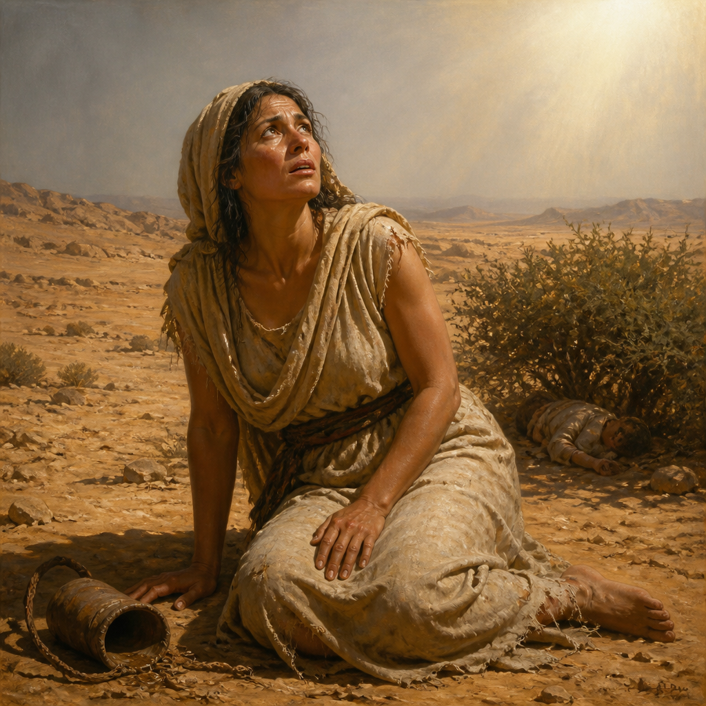 Oil-painting style portrait of Hagar, Mother of Ishmael and the first woman to receive a divine revelation in the wilderness