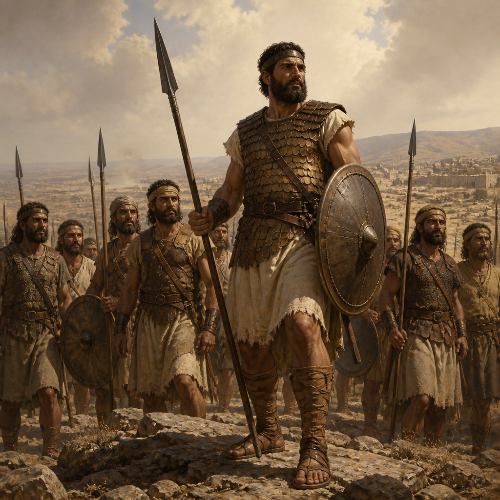 Oil-painting style scene of Hushathites, figures from the Bible