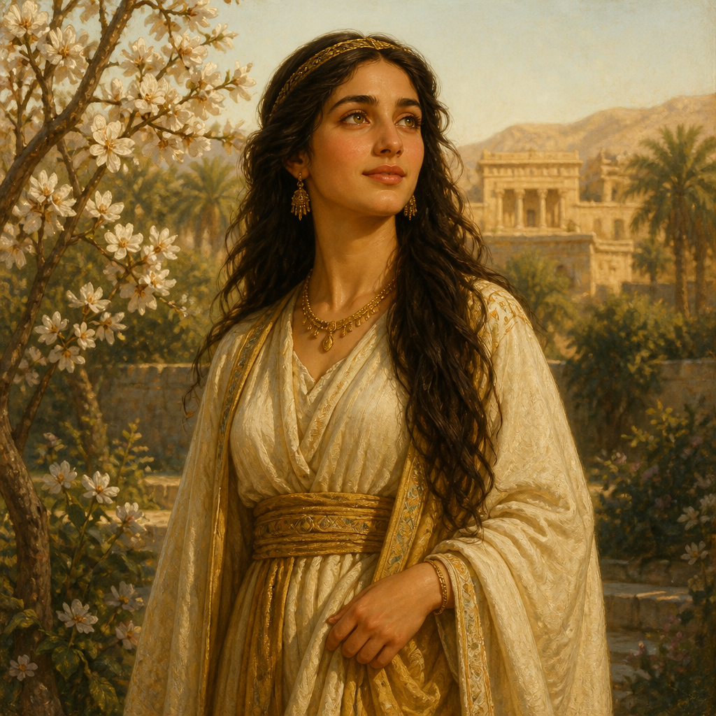 Oil-painting style portrait of Jemimah, Eldest daughter of Job born after his restoration