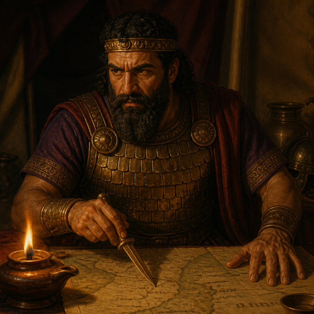 Oil-painting style portrait of Jobab, King of Madon, Canaanite king of Madon who allied with Jabin of Hazor against Joshua