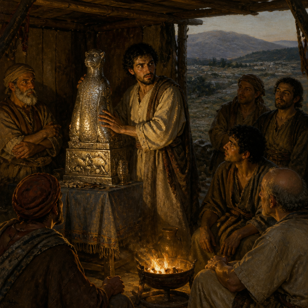 Oil-painting style scene of Jonathan, Priest to the Tribe of Dan, figures from the Bible