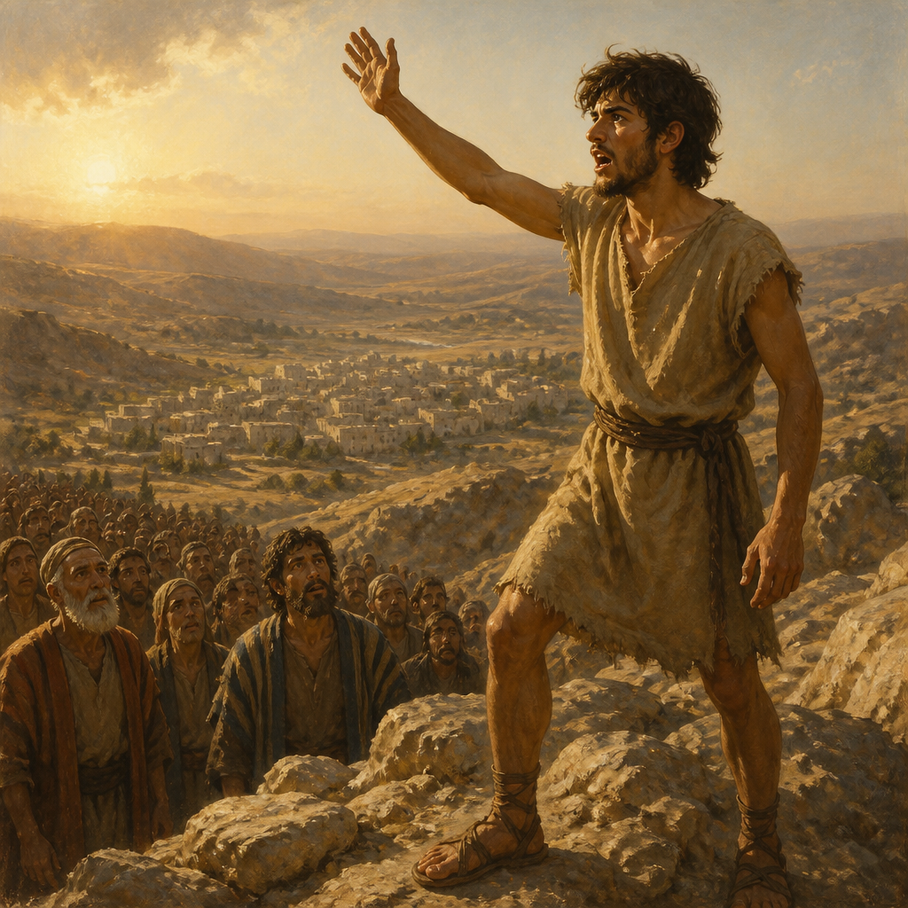 Oil-painting style illustration of Jotham, Son of Gideon, a character in one of Jesus' parables