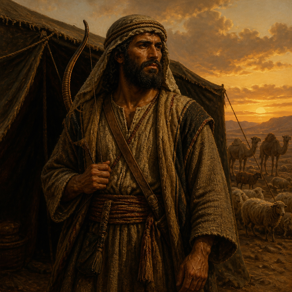 Oil-painting style portrait of Kedar, Patriarch of a major Arabian nomadic tribe known for their black tents and skilled archers