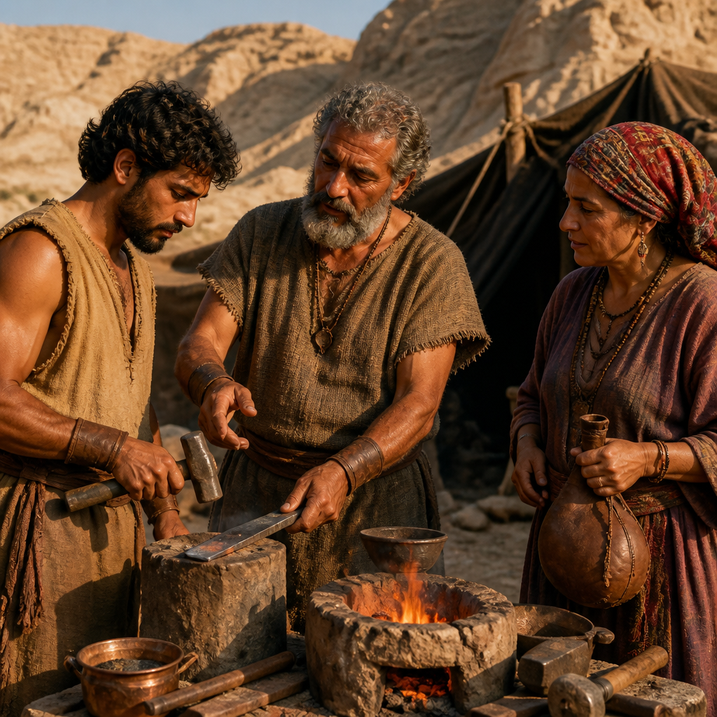 Oil-painting style scene of Kenites, figures from the Bible