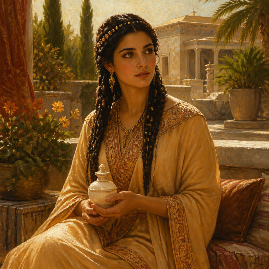 Oil-painting style portrait of Keziah, Daughter of Job renowned for her beauty and inheritance