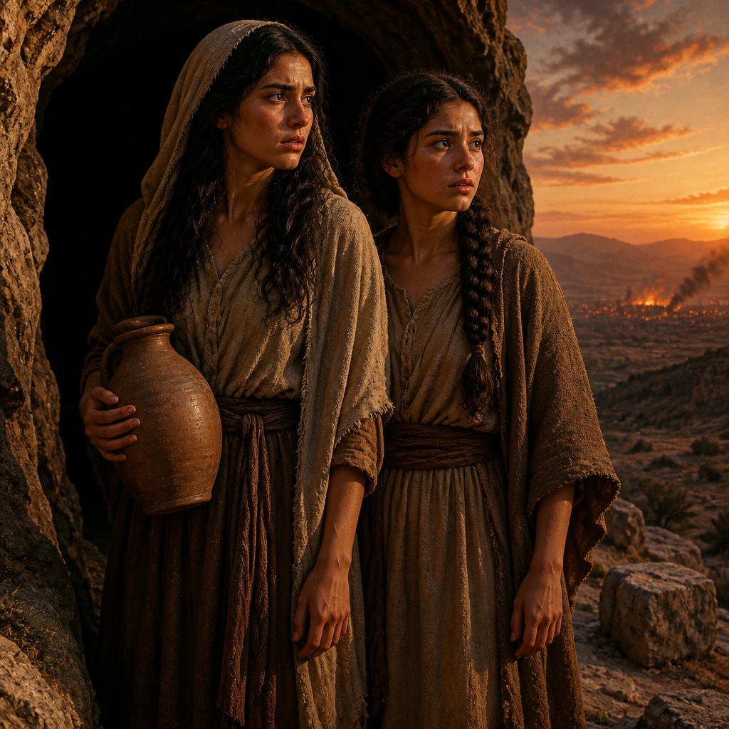 Oil-painting style portrait of Lot's Daughters, daughters of Lot who survived Sodom and bore the ancestors of Moab and Ammon