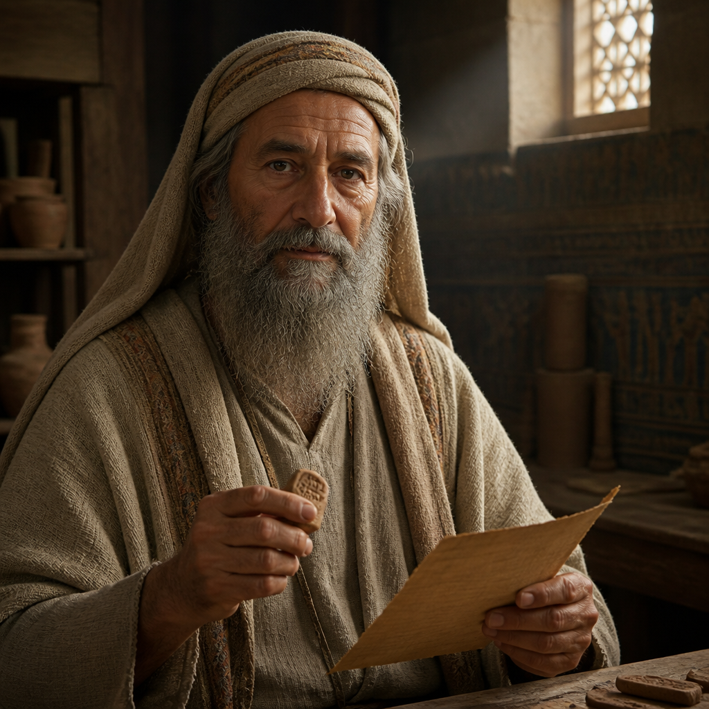 Oil-painting style portrait of Meunim, Patriarch of a family of Temple servants who returned from the Babylonian captivity