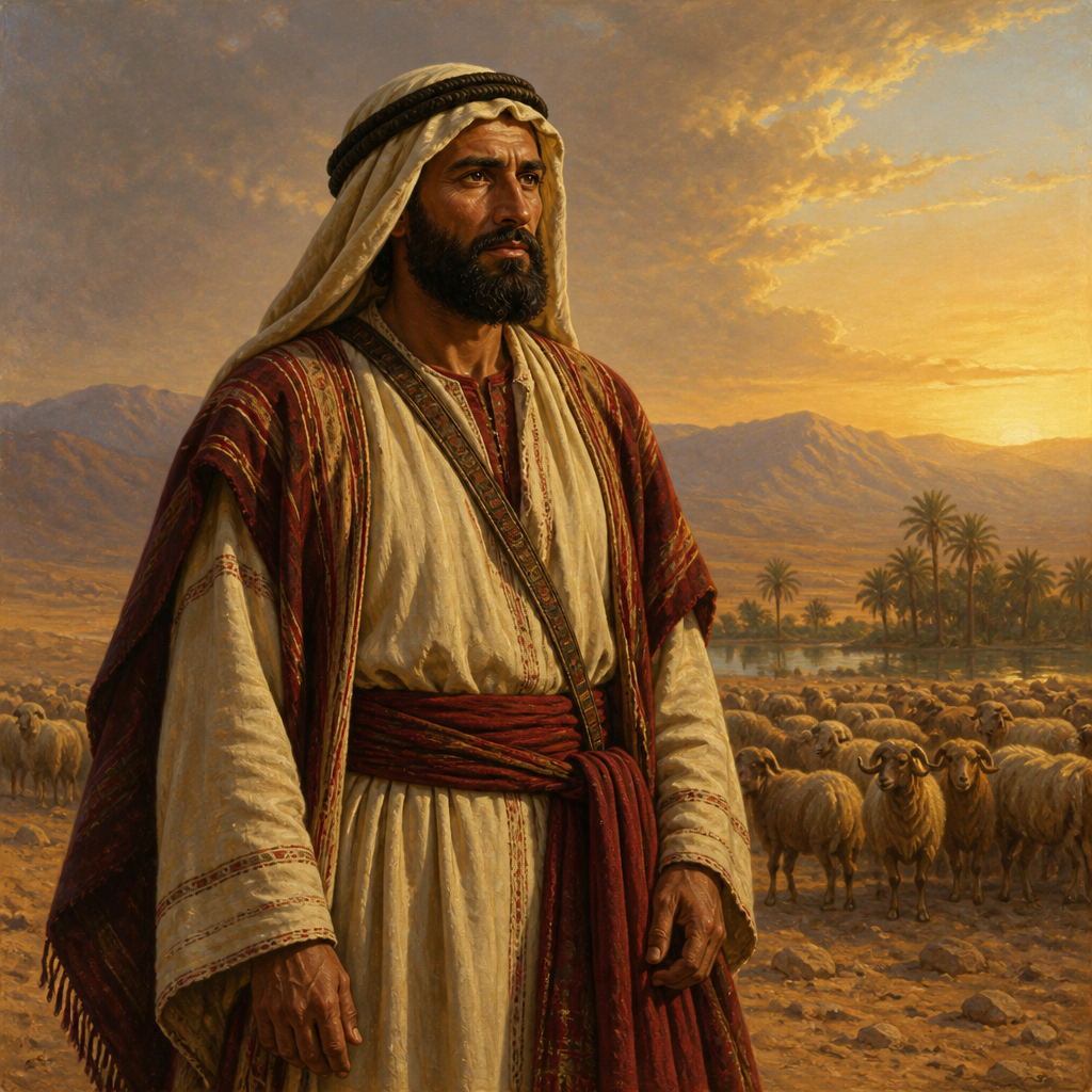 Oil-painting style portrait of Nebaioth, Firstborn son of Ishmael and patriarch of an Arabian tribal nation