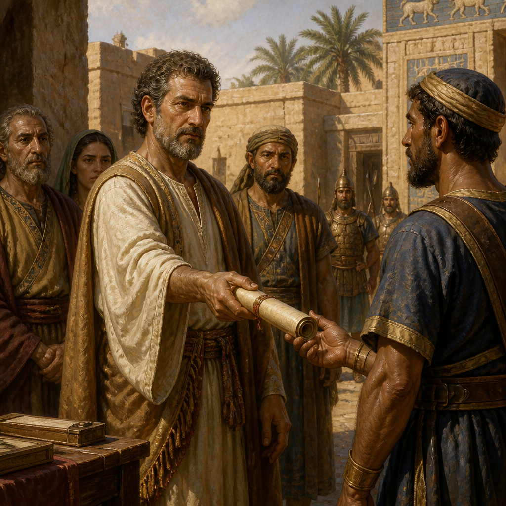 Oil-painting style scene of The Nehelamites, figures from the Bible
