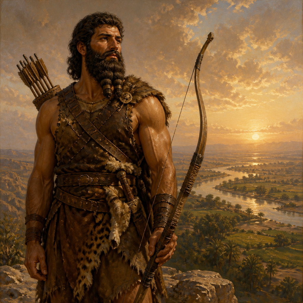 Oil-painting style portrait of Nimrod, Patriarch described as a mighty hunter before the LORD