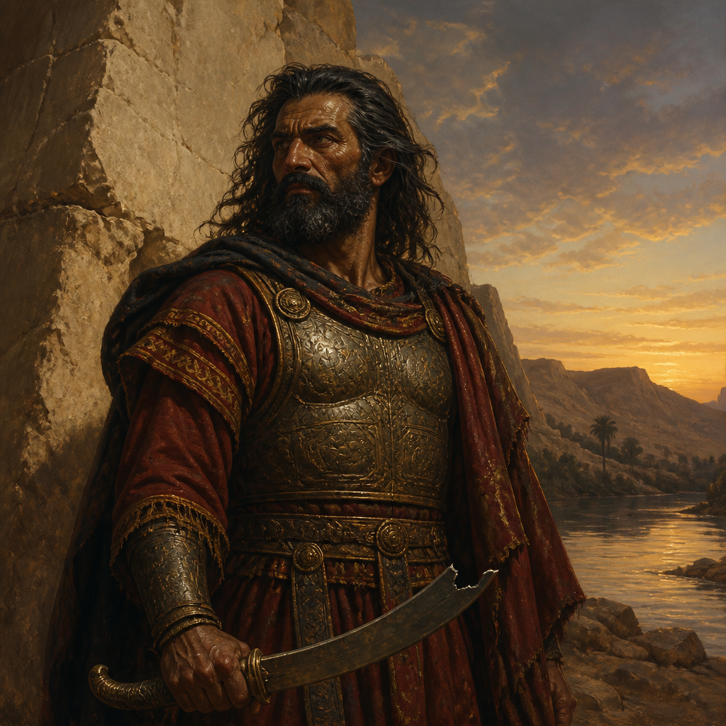 Oil-painting style portrait of Oreb, Midianite prince captured and executed at a rock that was subsequently named after him