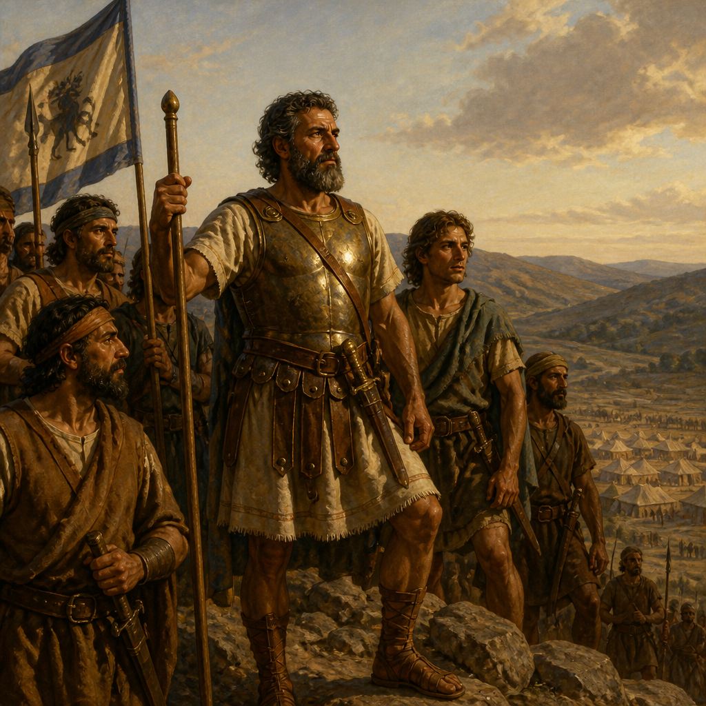 Oil-painting style scene of Pelonites, figures from the Bible