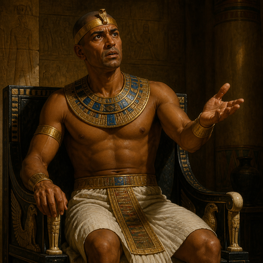 Oil-painting style portrait of Pharaoh, Contemporary of Abram, Egyptian king who took Sarai into his palace and was subsequently afflicted by divine plagues