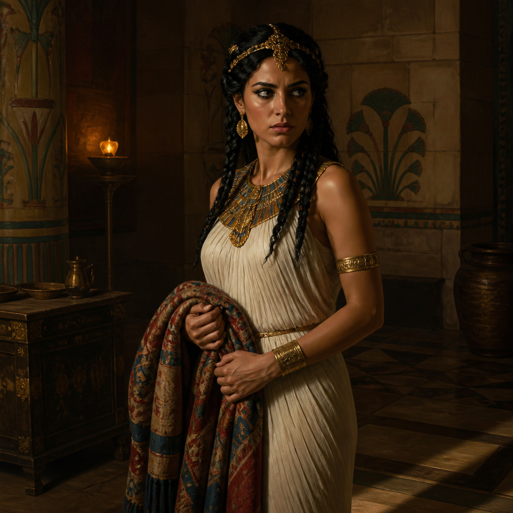 Oil-painting style portrait of Potiphar's Wife, Egyptian noblewoman who falsely accused Joseph of attempted rape after he refused her advances