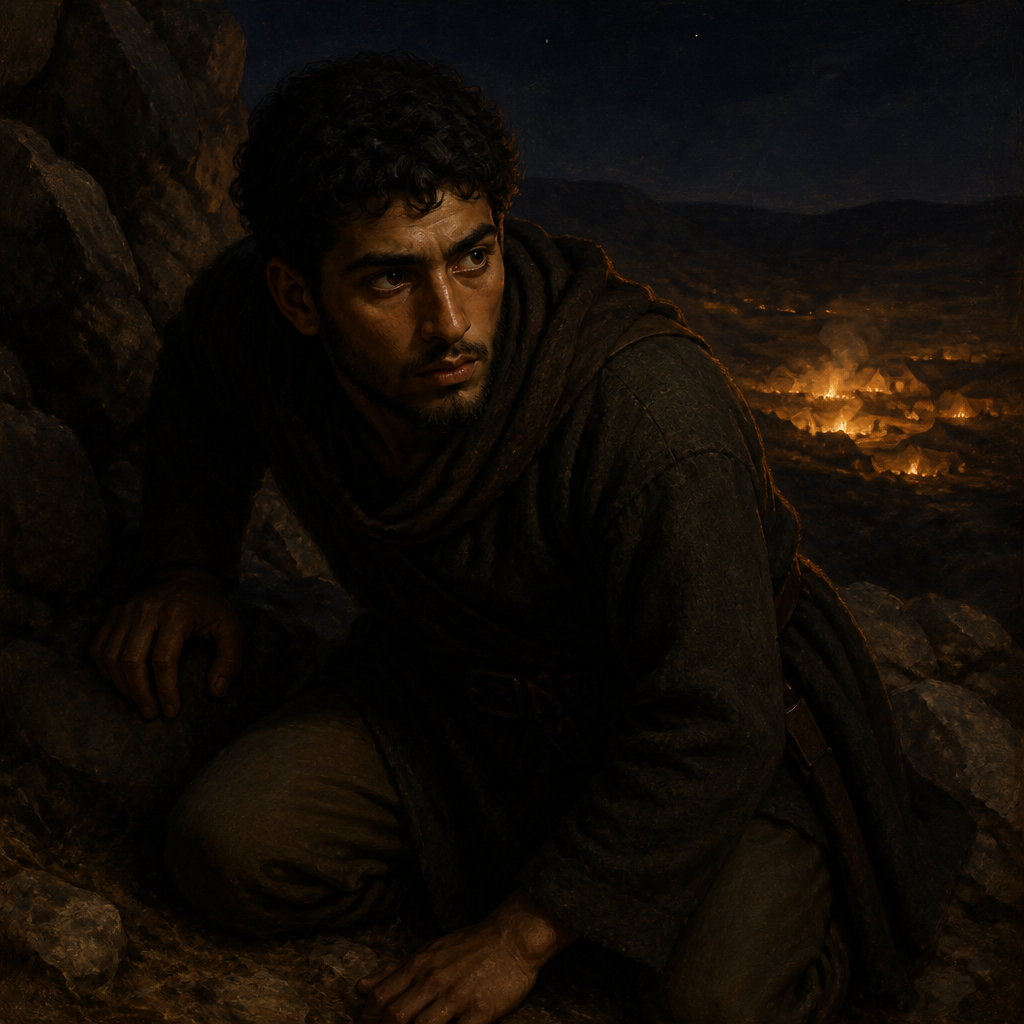 Oil-painting style portrait of Purah, Servant of Gideon who accompanied him to spy on the Midianite camp
