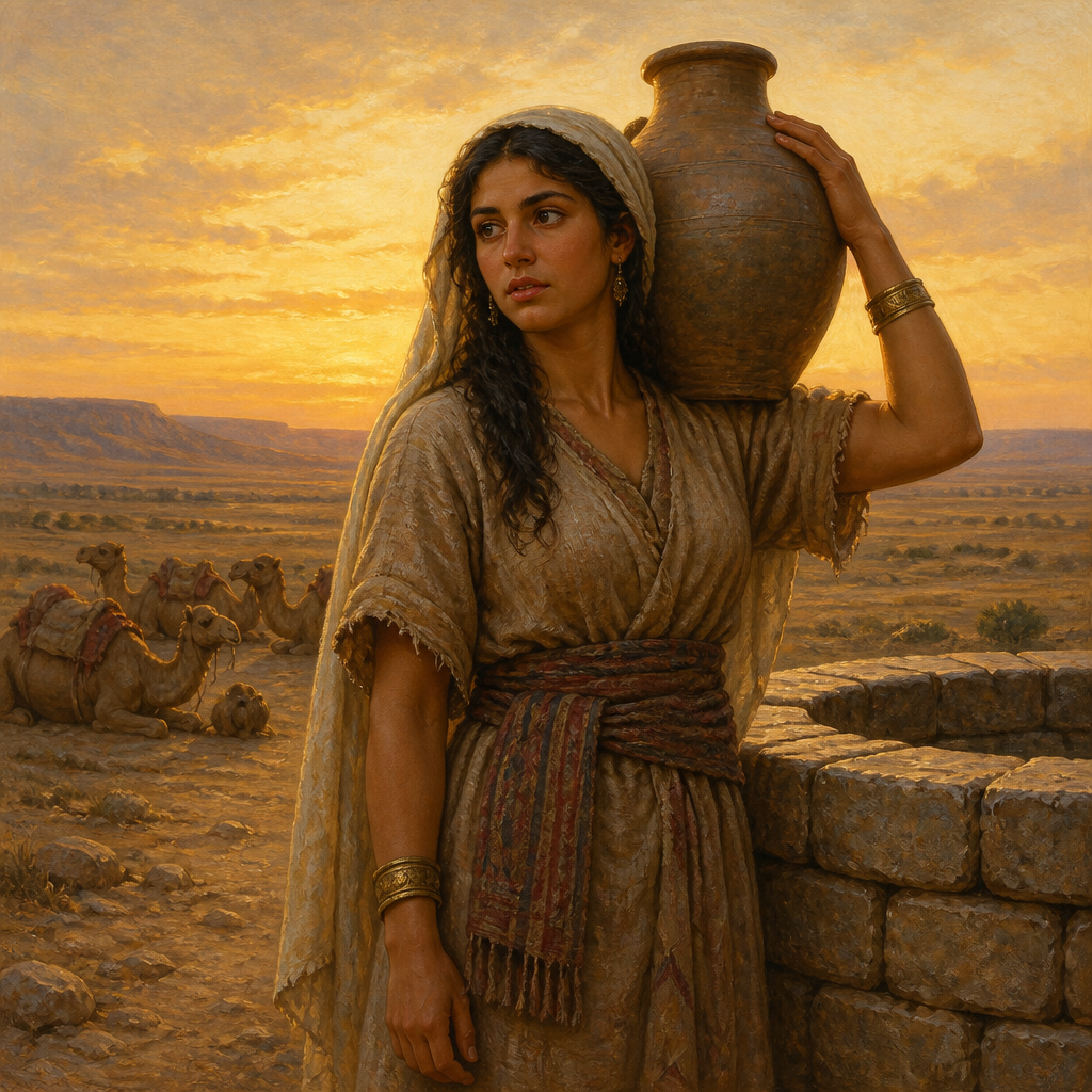 Oil-painting style portrait of Rebekah, Matriarch of Israel and wife of Isaac who secured the patriarchal blessing for her son Jacob