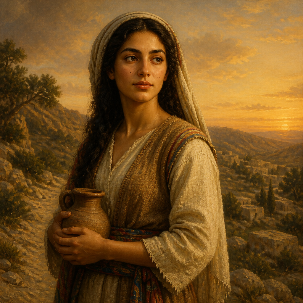 Oil-painting style portrait of Shua, Sister of Japhlet, Daughter of Heber and granddaughter of Asher mentioned in the tribal genealogies