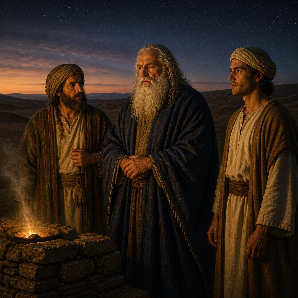 Oil-painting style scene of Shuhites, figures from the Bible