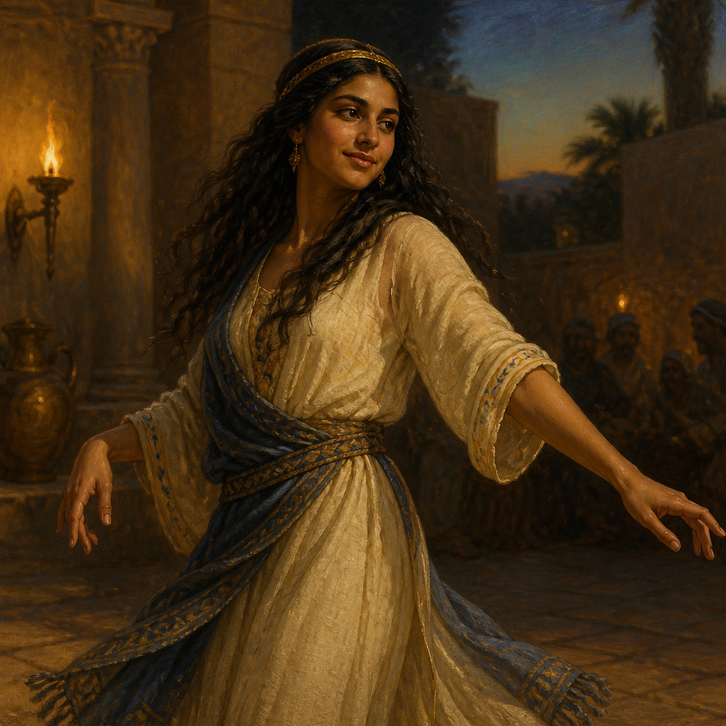 Oil-painting style portrait of Shulammite, Subject of the poetic longing and the dance of Mahanaim in the Song of Solomon