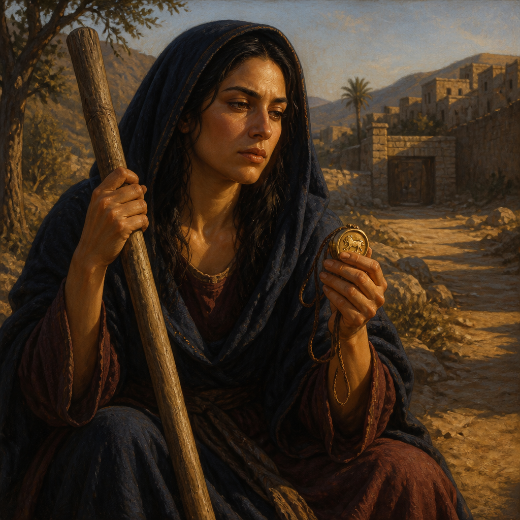 Oil-painting style portrait of Tamar, Daughter-in-law of Judah, Matriarch who secured the continuation of Judah's lineage through her sons Perez and Zerah