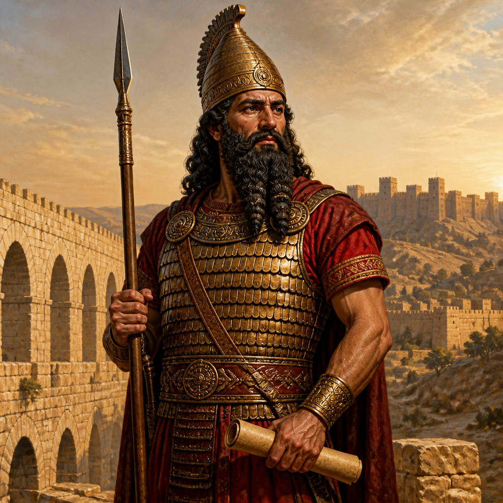Oil-painting style portrait of Tartan, Chief commander of the Assyrian army who led the siege of Ashdod and intimidated Jerusalem during the reign of Hezekiah