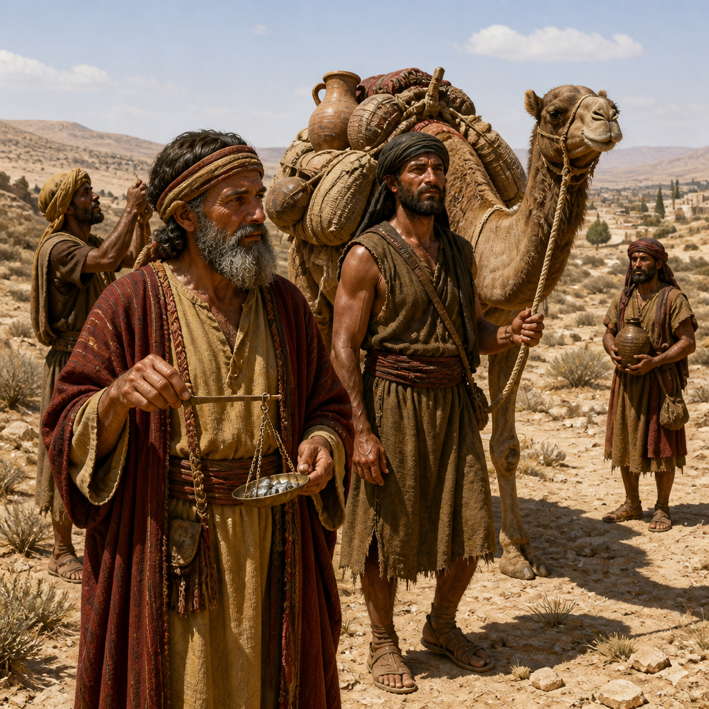 Oil-painting style scene of The Midianite Traders, figures from the Bible