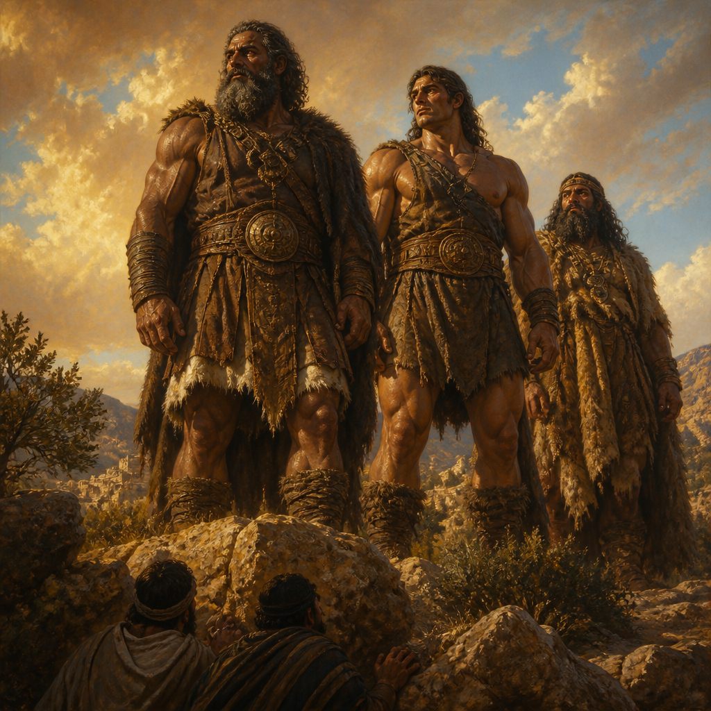 Oil-painting style scene of The Nephilim, figures from the Bible