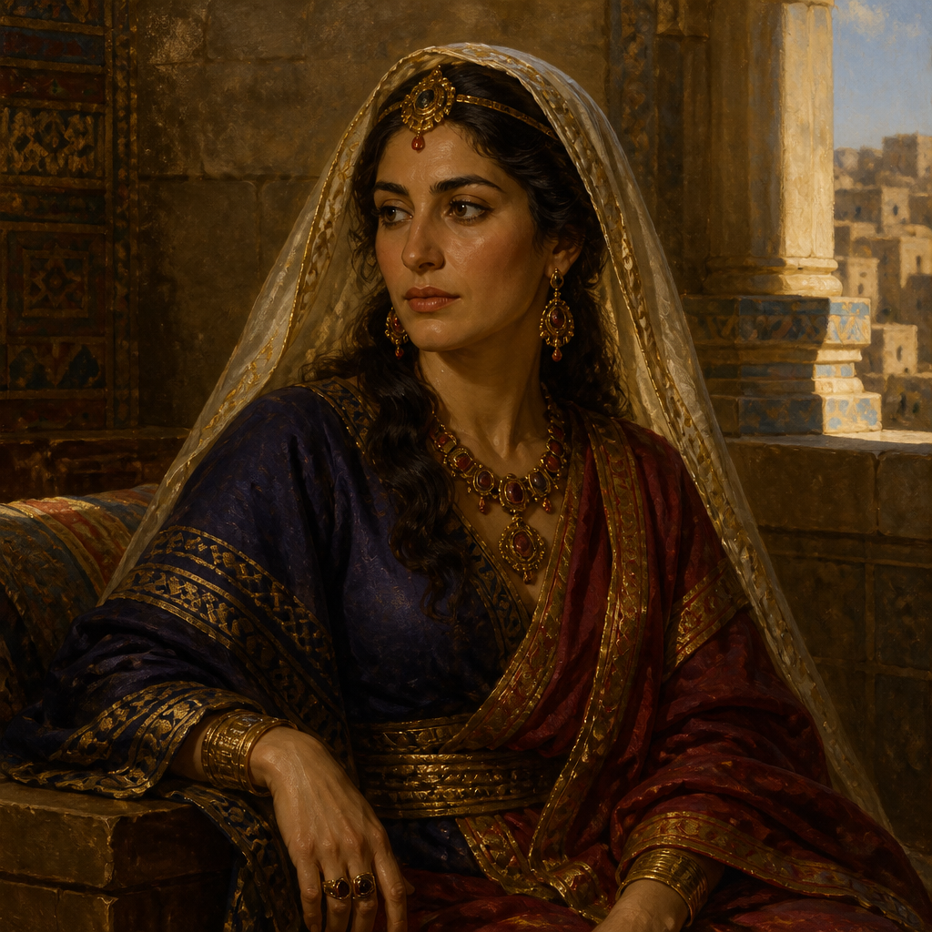 Oil-painting style portrait of The Wife of Solomon (Mother of Taphath), Wife of Solomon and mother of Taphath whose marriage secured the district of Dor