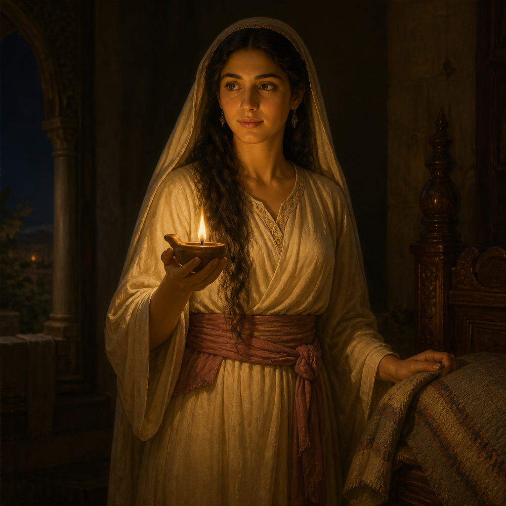 Oil-painting style portrait of Abishag, Young woman who cared for King David in his old age. Called a Shunammite, a designation of origin rather than a people group