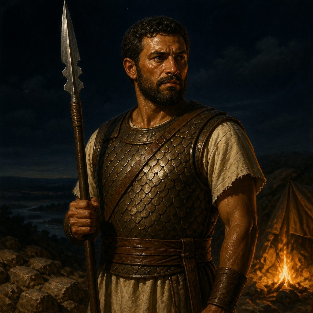 Oil-painting style portrait of Abishai, Military commander and nephew of David who served as chief of the Three and killed three hundred men in one battle